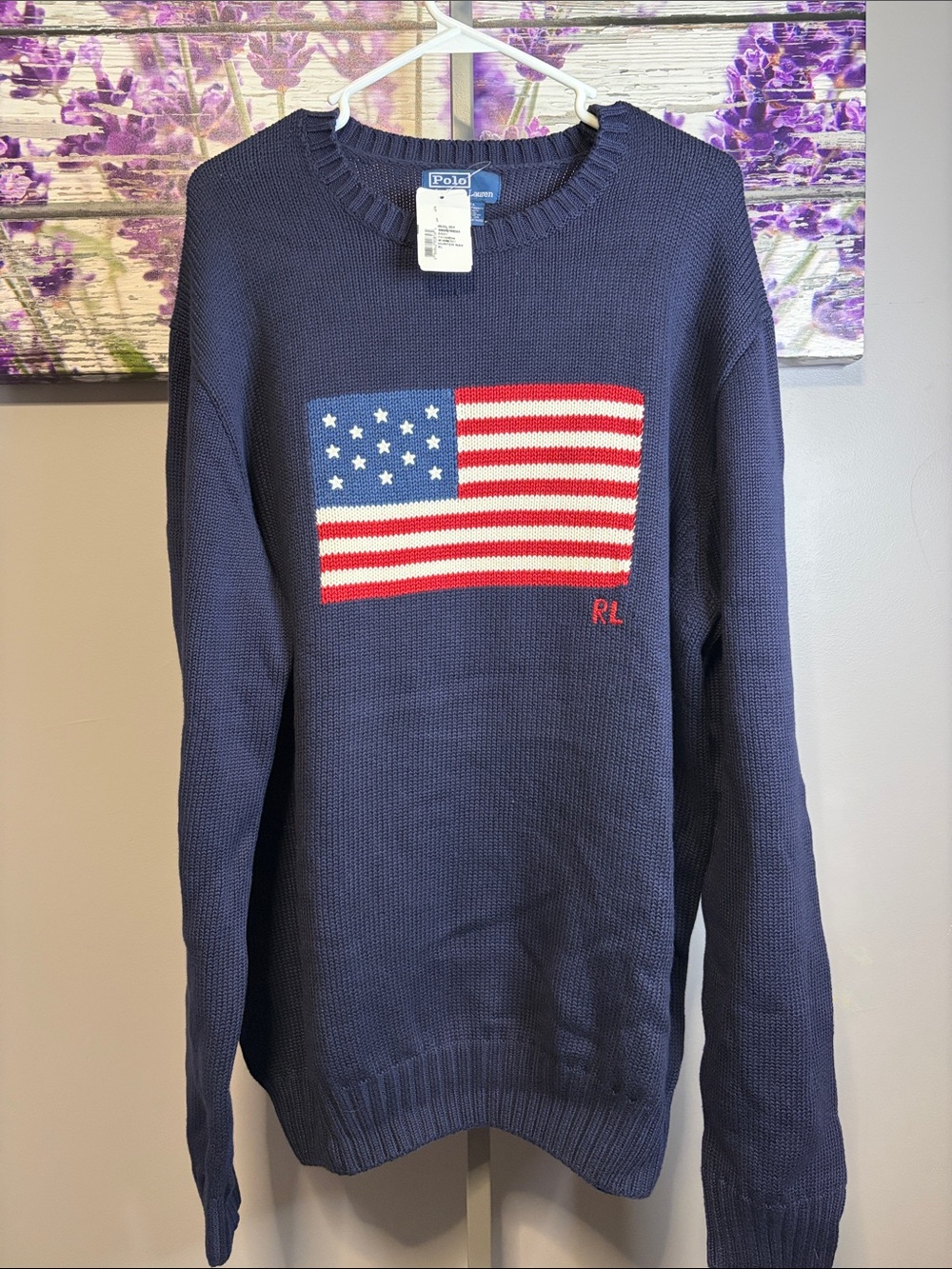 Polo by Ralph Lauren Iconic Navy Crewneck Sweater with American Flag Size XL